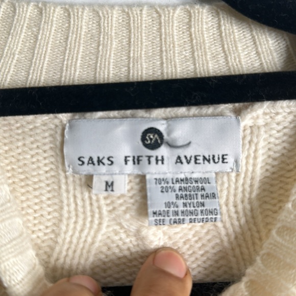 SAKS FIFTH AVENUE ivory lamb wool angora rabbit hair cable knit sweater size M - Picture 5 of 11